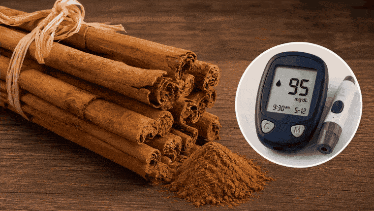 Ceylon cinnamon sticks next to a glucose meter reading 95 mg/dL