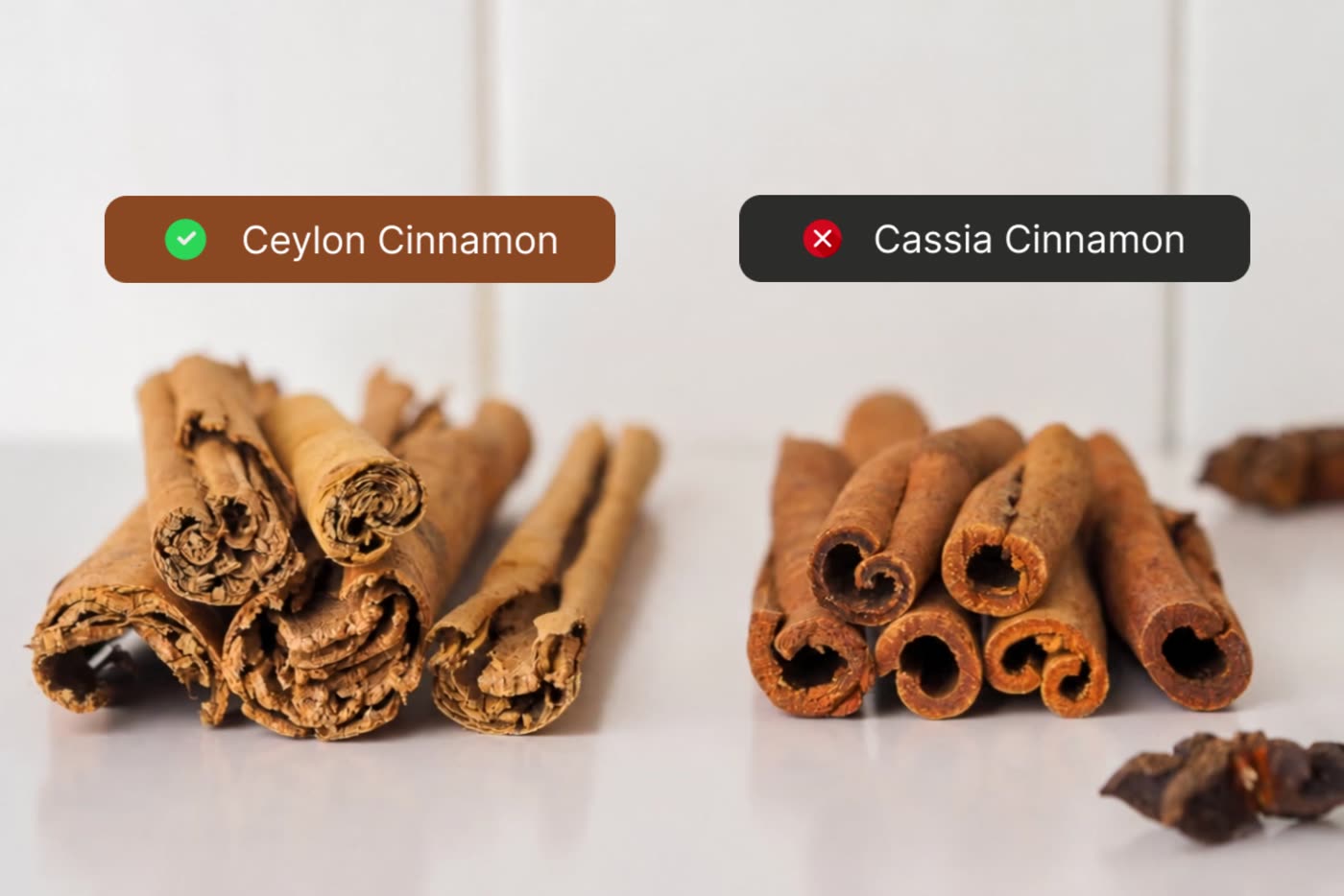 Ceylon cinnamon vs Cassia cinnamon side by side