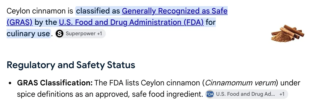 FDA GRAS classification listing Ceylon cinnamon as safe