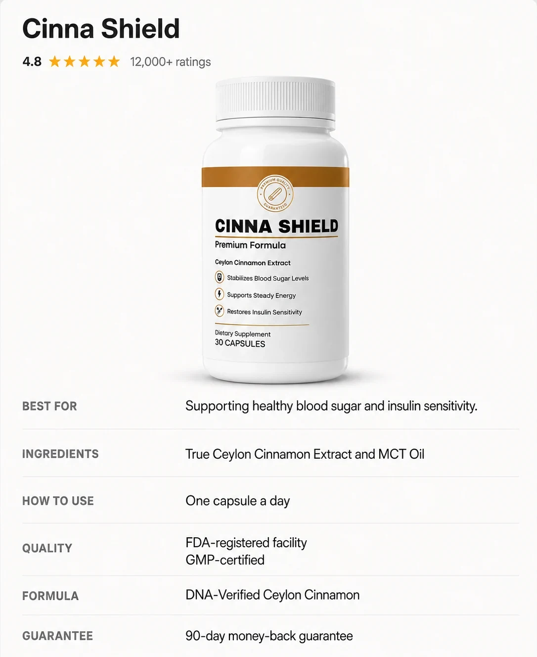 Cinna Shield product details: true Ceylon extract, 12:1 concentration, 90-day guarantee