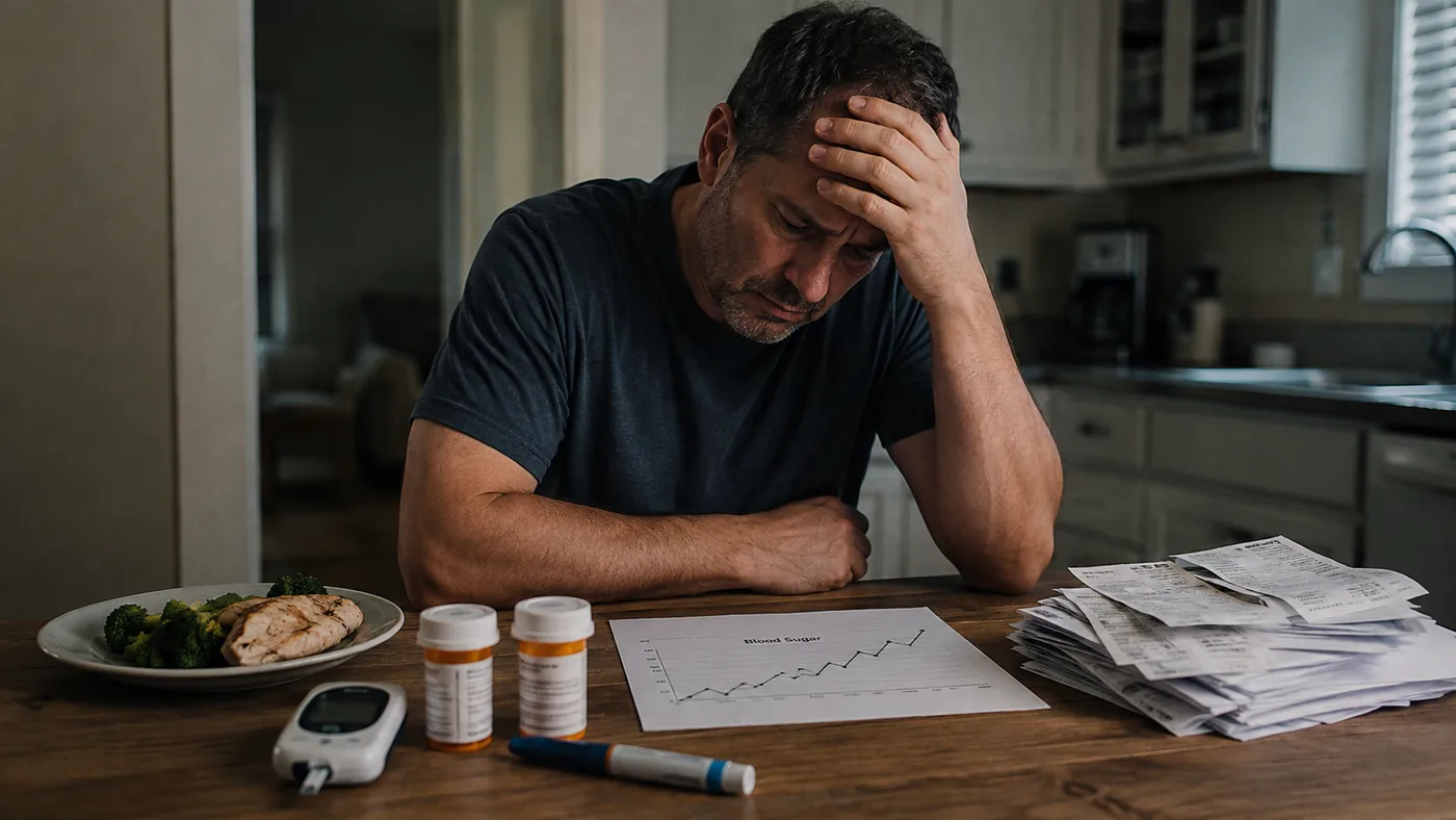 Man overwhelmed by medical bills, pill bottles and a glucose meter